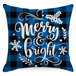 Blue buffalo plaid Christmas pillow cover featuring Merry and Bright snowflake prints