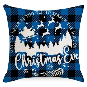 Blue buffalo plaid Christmas pillowcase featuring Santa silhouette and pine tree forest