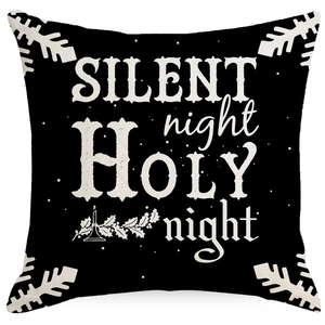 Black Christmas pillow case with Silent Night Holy Night text and snowflake design