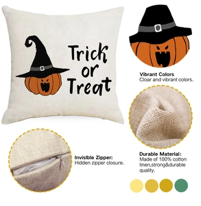 Détail de la taie d'oreiller Halloween en lin avec motif citrouille et fermeture éclair