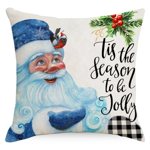 Blue plaid Santa Claus Christmas pillow cover with festive bird and pine branch motifs