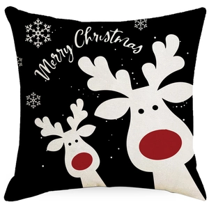 Black Christmas pillow case with cartoon reindeer, snowflakes, and Merry Christmas text