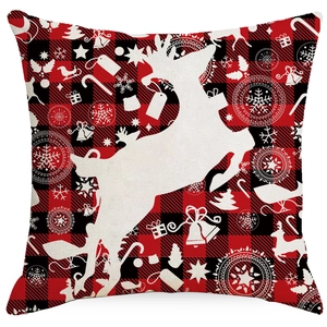 Christmas red and black buffalo plaid linen pillow cover with white elk and snowflake prints