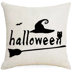 Housse de coussin Halloween en lin avec chapeau de sorcière et imprimé chauve-souris