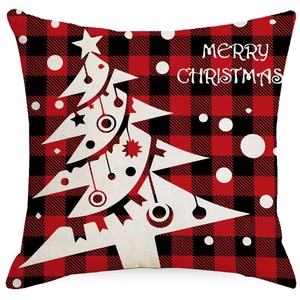 Christmas buffalo plaid linen pillowcase with white geometric tree and Merry Christmas text