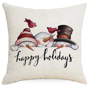 Housse de coussin en lin de Noël avec texte Happy Holidays et trois bonhommes de neige