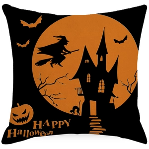 Housse de coussin décorative Halloween avec sorcière et château sur fond de lune