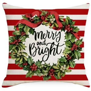 Christmas pillowcase with Merry and Bright lettering and red white striped background