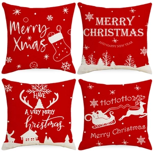 Red Christmas Throw Pillow Cover Polyester Printed Reindeer Snowflake Festive Square Cushion Case Home Holiday Decoration