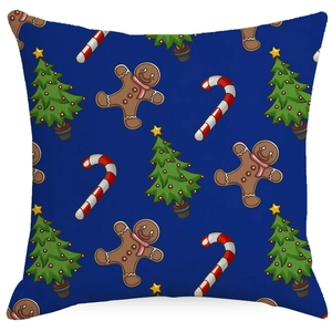 Blue Christmas linen pillowcase with gingerbread man, tree and candy cane patterns