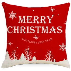 Red Christmas pillow cover with white forest silhouette and Merry Christmas text