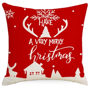 Red Christmas pillow cover with white reindeer and Merry Christmas print on linen