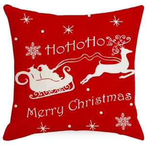 Red Christmas linen pillowcase with Santa and reindeer motifs for festive home decor