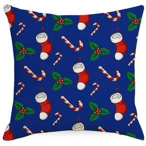Navy blue linen Christmas pillow case with Santa patterns and candy cane prints