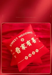 Detail view of red velvet wedding pillow with golden Chinese characters and text