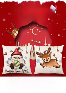 Detail of Christmas pillowcase with hand-painted reindeer and Santa on linen fabric