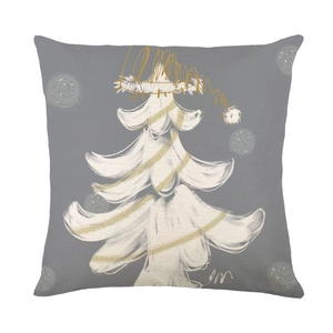 Grey linen Christmas pillow case with hand-drawn white and gold festive tree pattern
