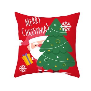Red Christmas pillow cover with Santa Claus and tree prints for holiday home decoration