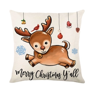Christmas reindeer linen pillow cover with festive bells and Merry Christmas quote