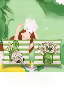 Detail of floral spring gnome linen pillowcase featuring bloom print and striped pattern