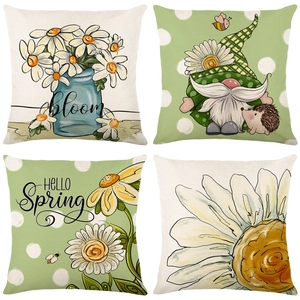 Set of 4 spring daisy linen pillow covers with Hello Spring and Bloom floral prints
