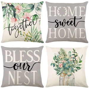 Set of 4 linen throw pillow covers with floral prints and home quotes in grey and green