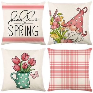 Set of 4 spring floral linen pillow covers with hello spring lettering and gnome designs
