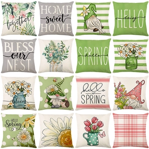 Spring Floral Daisy Gnome Linen Decorative Throw Pillow Covers For Living Room Sofa Farmhouse Square Cushion Case
