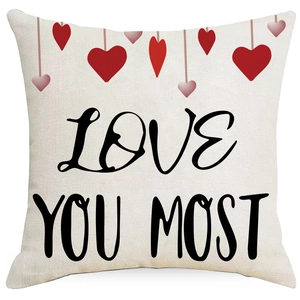 Linen Valentine's Day throw pillow cover with LOVE YOU MOST print and red hearts