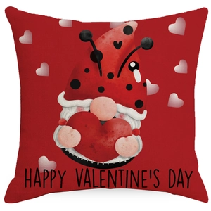Red Valentine's Day linen pillow cover featuring a gnome holding a heart and festive text