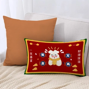 Detail of red Chinese New Year bolster pillow with golden ingot and festive rich pattern