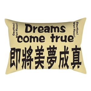 Detail of cream lumbar pillow with Dreams Come True and caution wet floor print