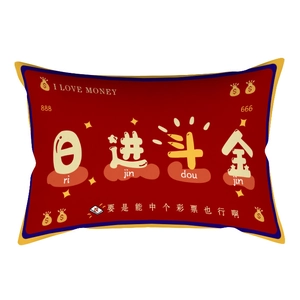 Detail of red Chinese New Year lumbar pillow with golden Ri Jin Dou Jin embroidery