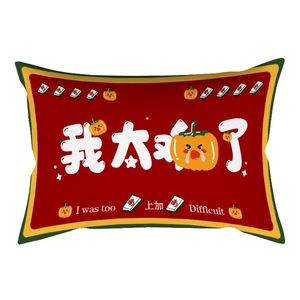 Close-up of festive red Chinese New Year lumbar pillow with creative funny text design