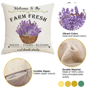 Detail view of cotton linen pillowcase featuring lavender farm print and hidden zipper texture
