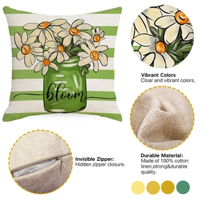 Detail view of cotton linen pillow cover with hidden zipper and floral bloom print
