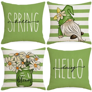 Polyester Spring Floral Printed Pillow Case Green White Striped Gnome Daisy Decorative Square Cushion Cover For Sofa