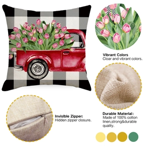 Detail of linen pillowcase showing buffalo plaid texture and hidden zipper