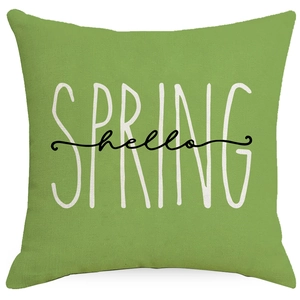 Spring theme linen throw pillow cover featuring green floral print and hello lettering