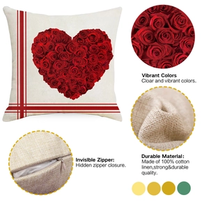Detail view showing red rose heart print and invisible zipper on linen pillow cover