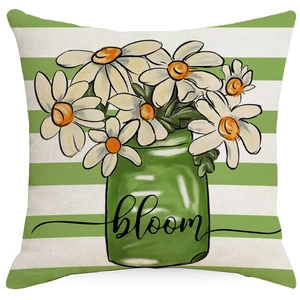 Linen pillowcase featuring green floral print with bloom vase on a striped background