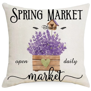 Linen spring lavender flower market pillow cover with birdhouse and text for sofa decor