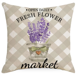 American country style linen pillowcase featuring lavender floral print and checkered patterns