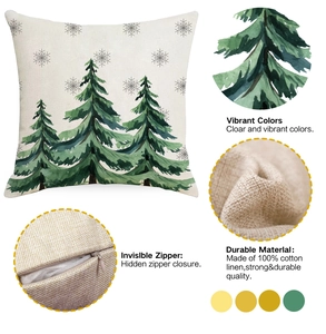 Dettaglio della trama in lino, cerniera invisibile e stampa festiva di alberi di Natale