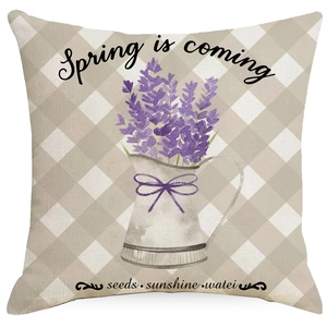 Spring lavender floral linen pillowcase with purple bow and gingham check pattern