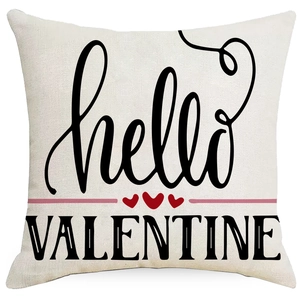 Linen Valentine cushion cover with hello VALENTINE print and red hearts on beige