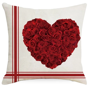 Linen Valentine's Day pillowcase with red rose heart and stripes on beige fabric