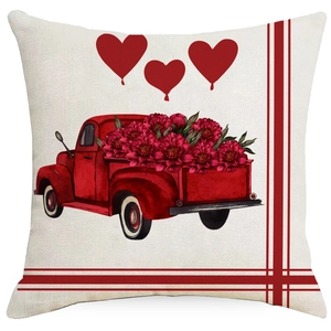 Linen Valentine's Day pillow cover with red vintage truck and blooming flowers design