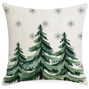 Federa per cuscino natalizia in lino con alberi di pino e fiocchi di neve su sfondo bianco
