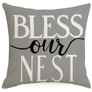Housse de coussin en lin gris avec inscription BLESS our NEST pour décoration